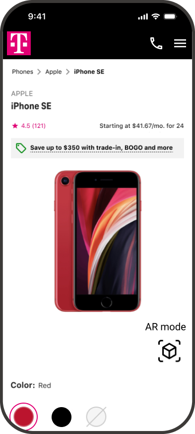 product description page of phone with AR mode button